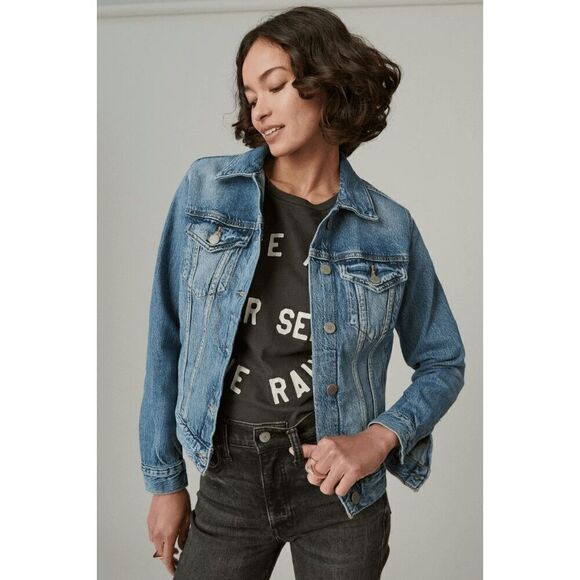 Lucky Brand Tomboy Trucker jean denim jacket Sz M distressed - Picture 1 of 13
